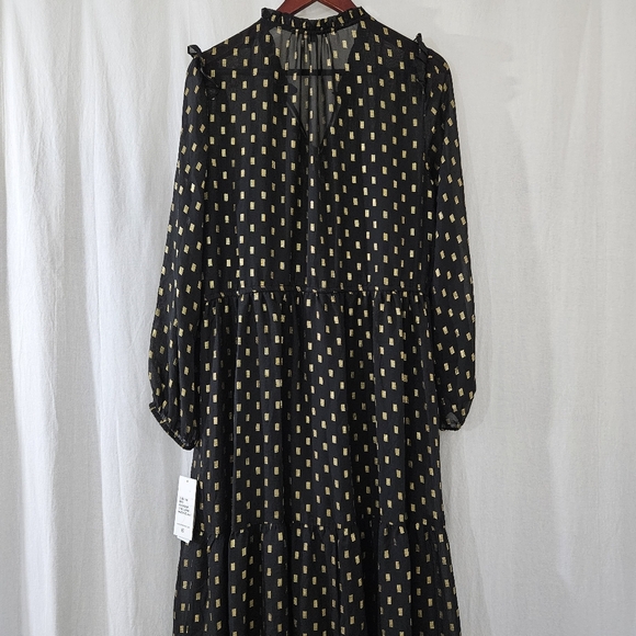 Julia Jordan Long Sleeve Ruffle Drawstring Midi Dress in Black & Gold Size 14 - Picture 7 of 11